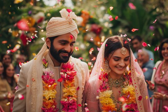 Husband and wife share a happy moment during a vibrant Indian wedding