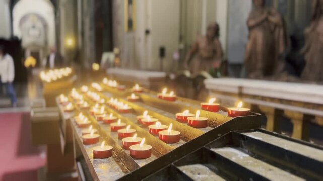 Rows of red tea light votive candles burning with a warm glow on a metal stand inside a church, creating a serene and spiritual atmosphere for prayer, remembrance, and devotion