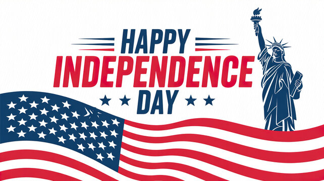 Happy independence day usa text with statue of liberty and american flag isolated on transparent background, Vector, illustration