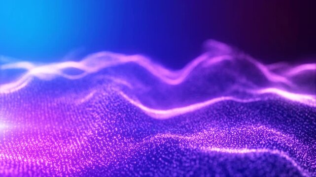 Soft-focus purple and blue particle hills forming an abstract futuristic wave landscape with glowing dots, smooth gradients, and atmospheric depth