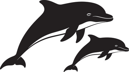 Obraz premium Two dolphins swimming in ocean sea water with playful interaction, mother and baby mammal animal silhouette.
