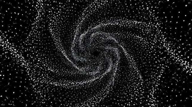 Abstract swirling vortex of tiny, bright particles in a deep black space