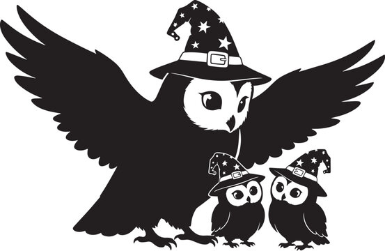 Three owls wearing witch hats for halloween holiday, cute baby owlets with mother bird, magical night.