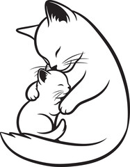 Naklejka premium Mother cat hugging her kitten in a tender moment in black outline vector art over a transparent background.