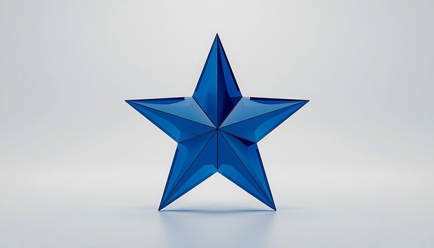 A blue star sculpture standing alone on a white surface