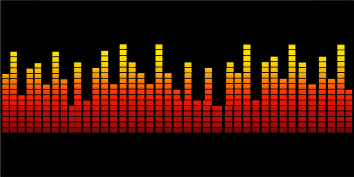 This abstract colorful sound wave background features a digital music equalizer spectrum with vibrant frequency meter bars and vector technology design for an audio studio radio display