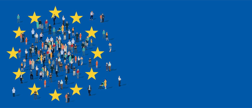 Illustration vectorielle panoramique repr&eacute;sentant une population diverse r&eacute;unie au sein de l&rsquo;Union europ&eacute;enne, symbolisant l&rsquo;unit&eacute;, la diversit&eacute; et la coh&eacute;sion des citoyens europ&eacute;ens.