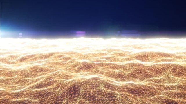 Golden glowing wireframe waves and polygon mesh surface under dark sky, abstract futuristic data landscape background