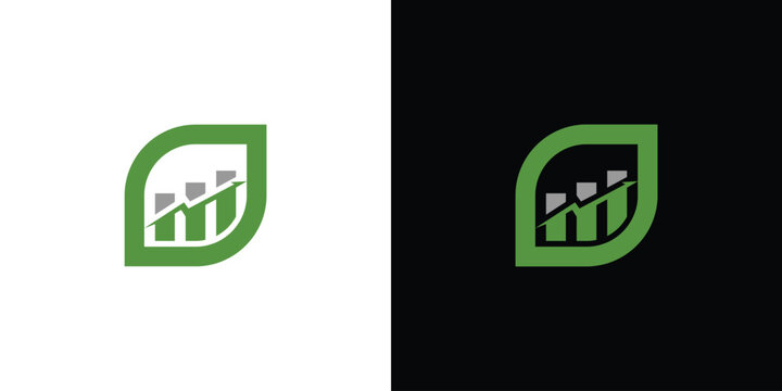 Green leaf logo with financial growth chart business concept.