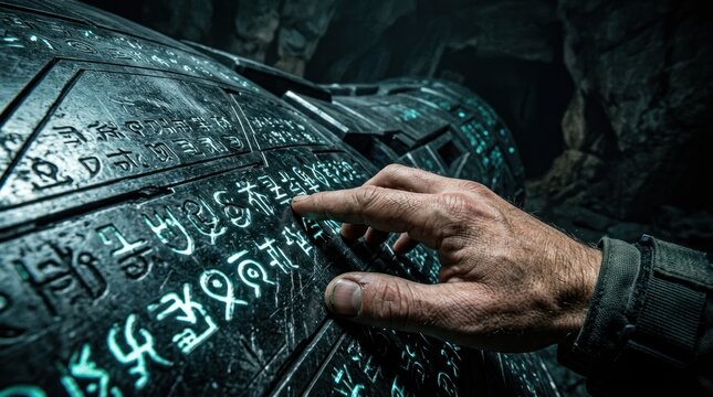 Close-up of a hand touching an ancient stone tablet with inscriptions in a dark cave.