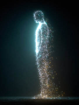 human silhouette dissolving into thousands of gloving parts