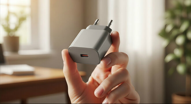Hand holding grey fast charging wall adapter with USB-C port