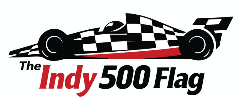 Sleek Indy 500 flag illustration with checkered racecar silhouette flying across the layout, perfect for motorsport events, speedway promotions, logo branding and racing fan merchandise