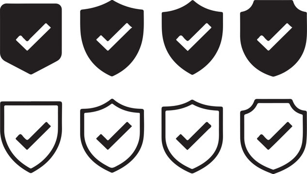 Eight black and white shield security icons with a prominent checkmark inside each shape