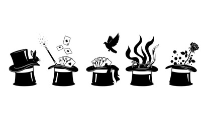 Magician hat rabbit silhouettes horizontal lineup vector with magic show elements © Protima