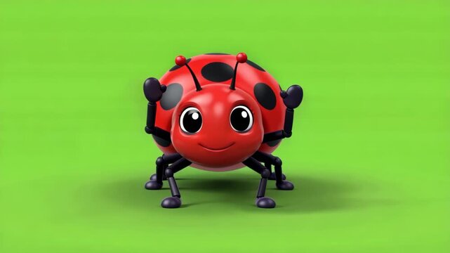 Cheerful Cartoon Ladybug with a Bright Red Shell and Black Spots on a Playful Green Background