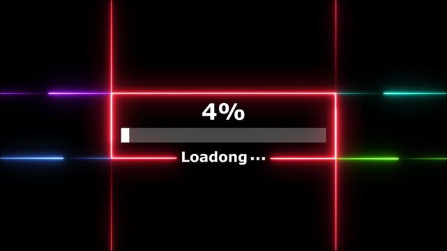 Cyberpunk loading neon bright white color animation.  4 percent number loading icon modern design rectangle from neon light black background 4k video.