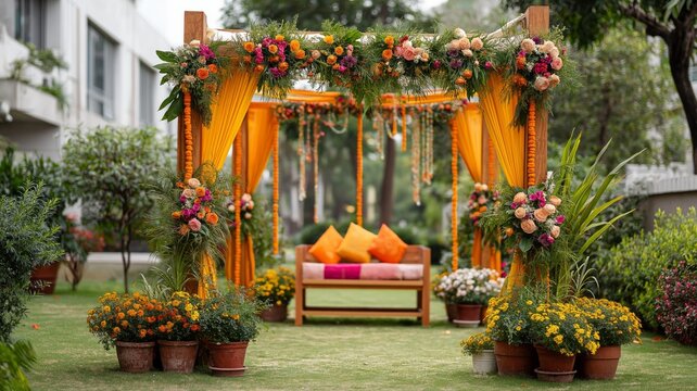 Garden mandap adorned with flowers and warm lighting