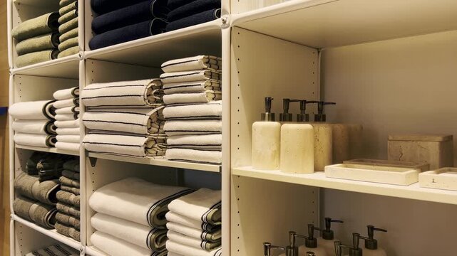 Modern home decor and bathroom essentials store displaying a variety of soft, folded towels and stylish soap dispensers neatly arranged on a white modular shelving unit for sale
