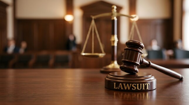 Courtroom gavel with lawsuit label on desk, legal case justice system concept, law enforcement judicial process litigation attorney courtroom interior