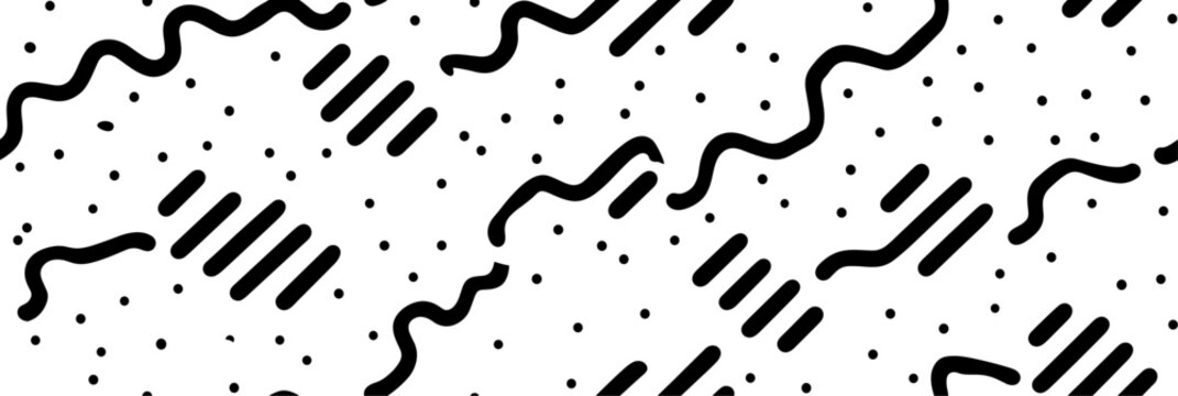 Abstract seamless pattern creating a dynamic maze with dashed lines and scattered dots. Abstract black and white geometric dashed pattern