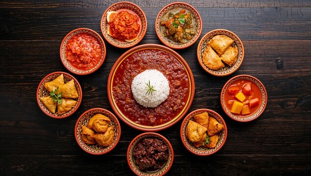A vibrant overhead shot of various moroccan tagines and dishes arranged in a circular pattern