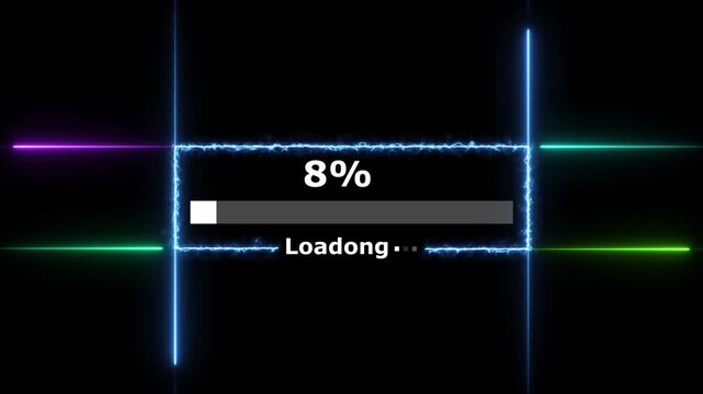 Cyberpunk loading neon bright white color animation. 21 percent number loading icon modern design rectangle from neon light black background 4k video.