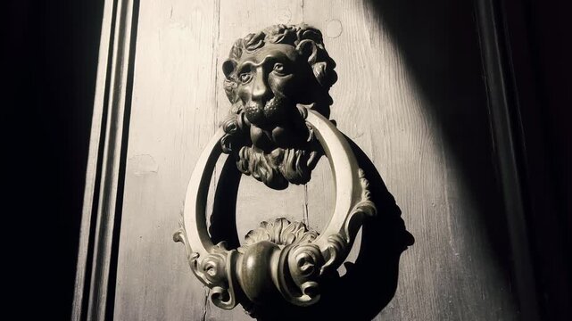 Sunbeam moving across an old-fashioned, vintage door knocker shaped like a lion's head, creating a dramatic interplay of light and shadow on the detailed metalwork of the wooden entrance