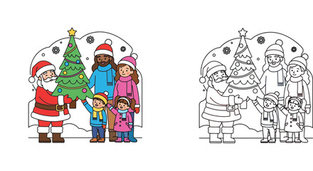 Obraz premium Santa Claus and happy family with Christmas tree vector illustration set including coloring page version