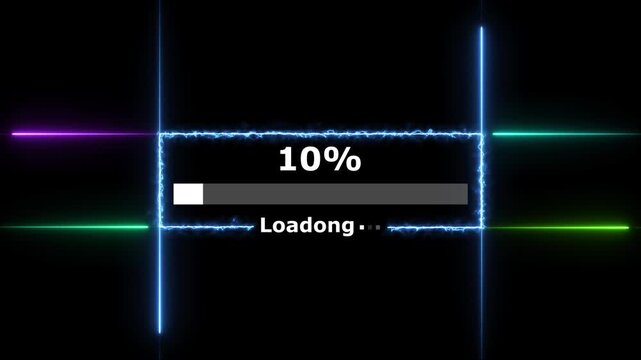 Cyberpunk loading neon bright white color animation. 26 percent number loading icon modern design rectangle from neon light black background 4k video.