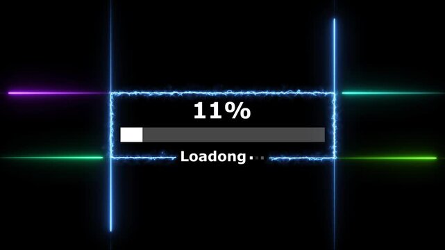 Cyberpunk loading neon bright white color animation. 28 percent number loading icon modern design rectangle from neon light black background 4k video.