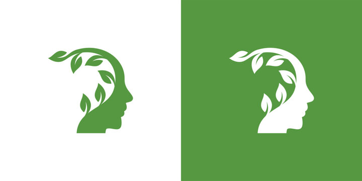 Green leaves and human face logo design nature and mind concept.