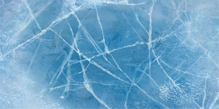 Abstract A close-up view of a frozen lake's icy surface showcases intricate patterns of cracks and fissures for art, banner, web, ui, branding