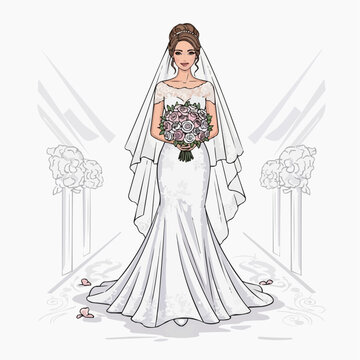 A beautiful bride in a white wedding dress holding a bouquet of flowers