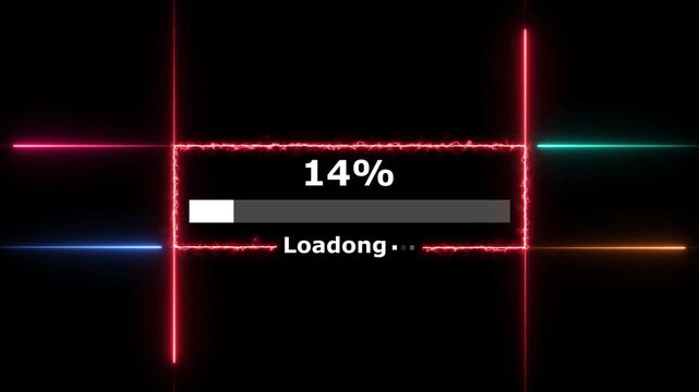 Cyberpunk loading neon bright white color animation. 36 percent number loading icon modern design rectangle from neon light black background 4k video.