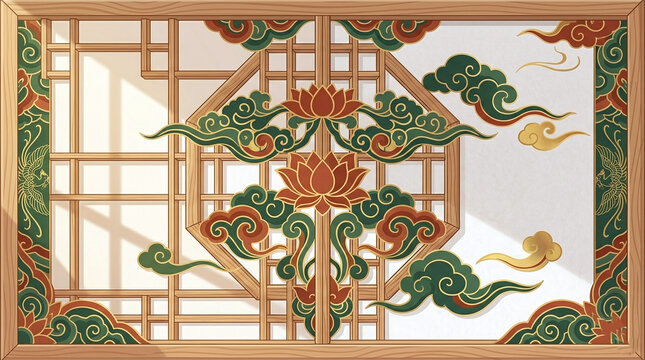 Abstract Korean traditional Dancheong pattern illustration with decorative clouds