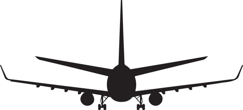 A striking rear silhouette of a large passenger aircraft with landing gear extended on a white background