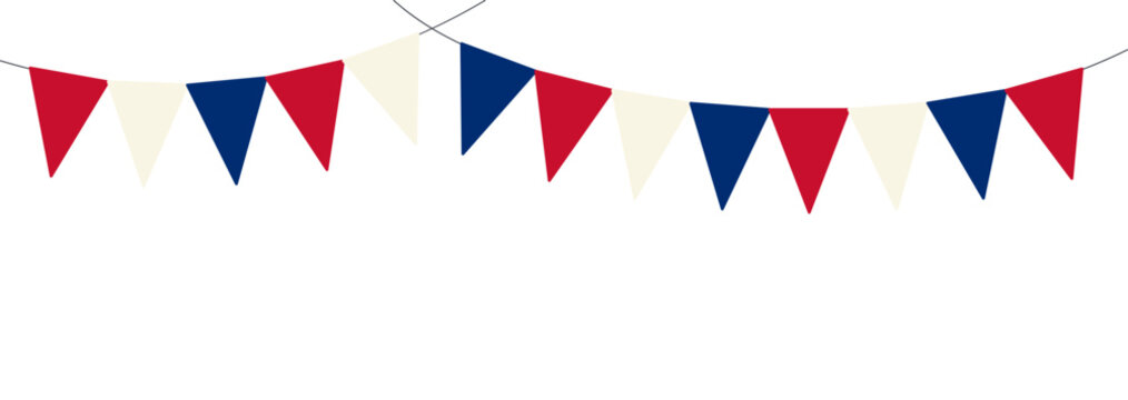 Fourth of July festive blue, red, white bunting, flags illustration. USA Independence Day, July 4th, United States of America holiday banner design element. Flat vector on transparent background