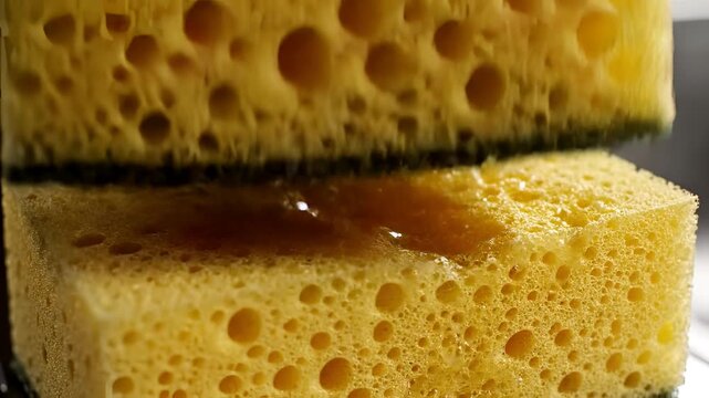 Close up of liquid pouring onto a yellow sponge in a kitchen sink.