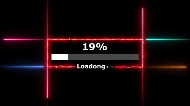 Cyberpunk loading neon bright white color animation. 49 percent number loading icon modern design rectangle from neon light black background 4k video.