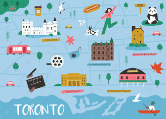 Obraz premium Toronto illustrated map with landmarks, nature and city lifestyle elements