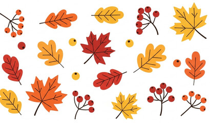 Cute autumn botanical elements with leaves and berries in flat cartoon style vector set © Md