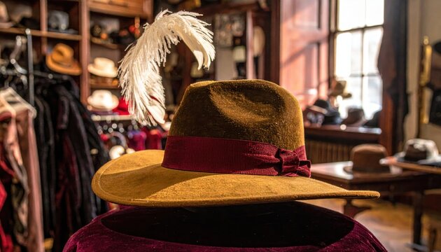 A luxurious brown and golden velvet hat with a wide brim and an elegant white ostrich feather plume is stylishly displayed in a vintage millinery shop.