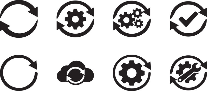 Sync process reload icon set with circular arrows and gear, editable EPS for workflow and system UI