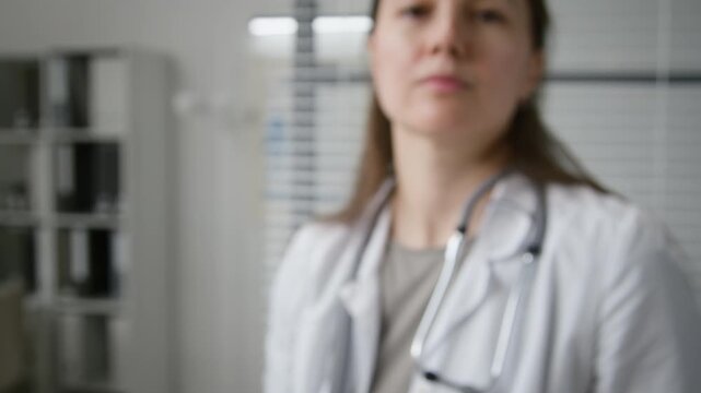 POV close up shot of young adult female general practitioner in nitrile gloves inspecting eyes of patient with penlight while assessing pupil response during routine examination in medical office