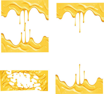 Melted cheese or honey drips and borders in rectangular frames isolated on transparent background