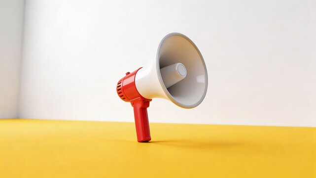 A red and white megaphone standing on a yellow surface against a white background, used for making announcements or amplifying voices