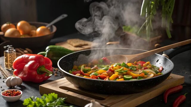 Vegetable Stir Fry Cooking in Wok with Steam and Fresh Ingredients Close Up