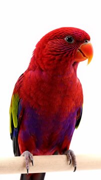 Close-up of a vibrant red parrot with purple accents perched on a wooden branch, isolated on a white background.