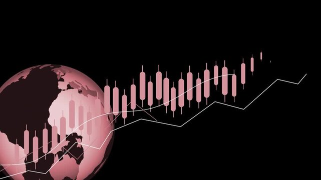 Global market candlestick trend animation, Earth globe on left with ascending blue candlestick stock chart